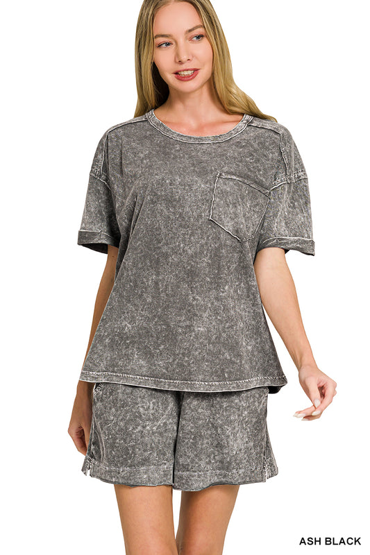 Ash Black Halo snow washed exposed seam top & shorts set
